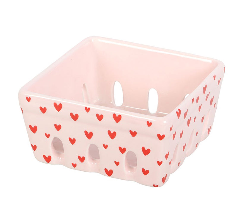 Pink heart print ceramic berry basket.