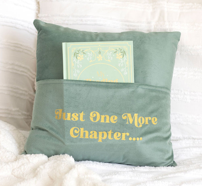 ‘Just one more chapter’ Book pocket cushion