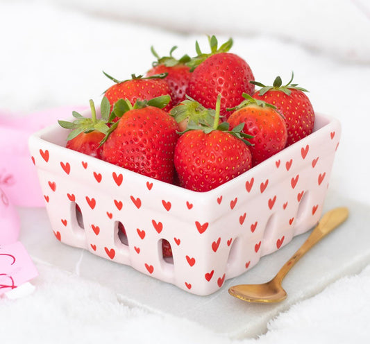 Pink heart print ceramic berry basket.